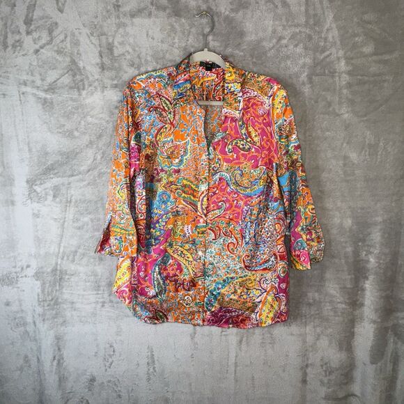 Lauren Ralph Lauren Plus Size 1X Paisley Button Top Bright Print Classic Color - Picture 1 of 9